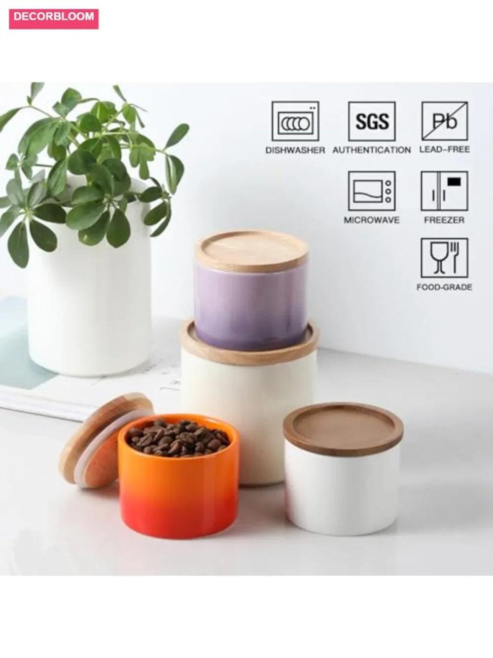 Ceramic Food Storage Canister with Airtight Wooden Lid Stackable